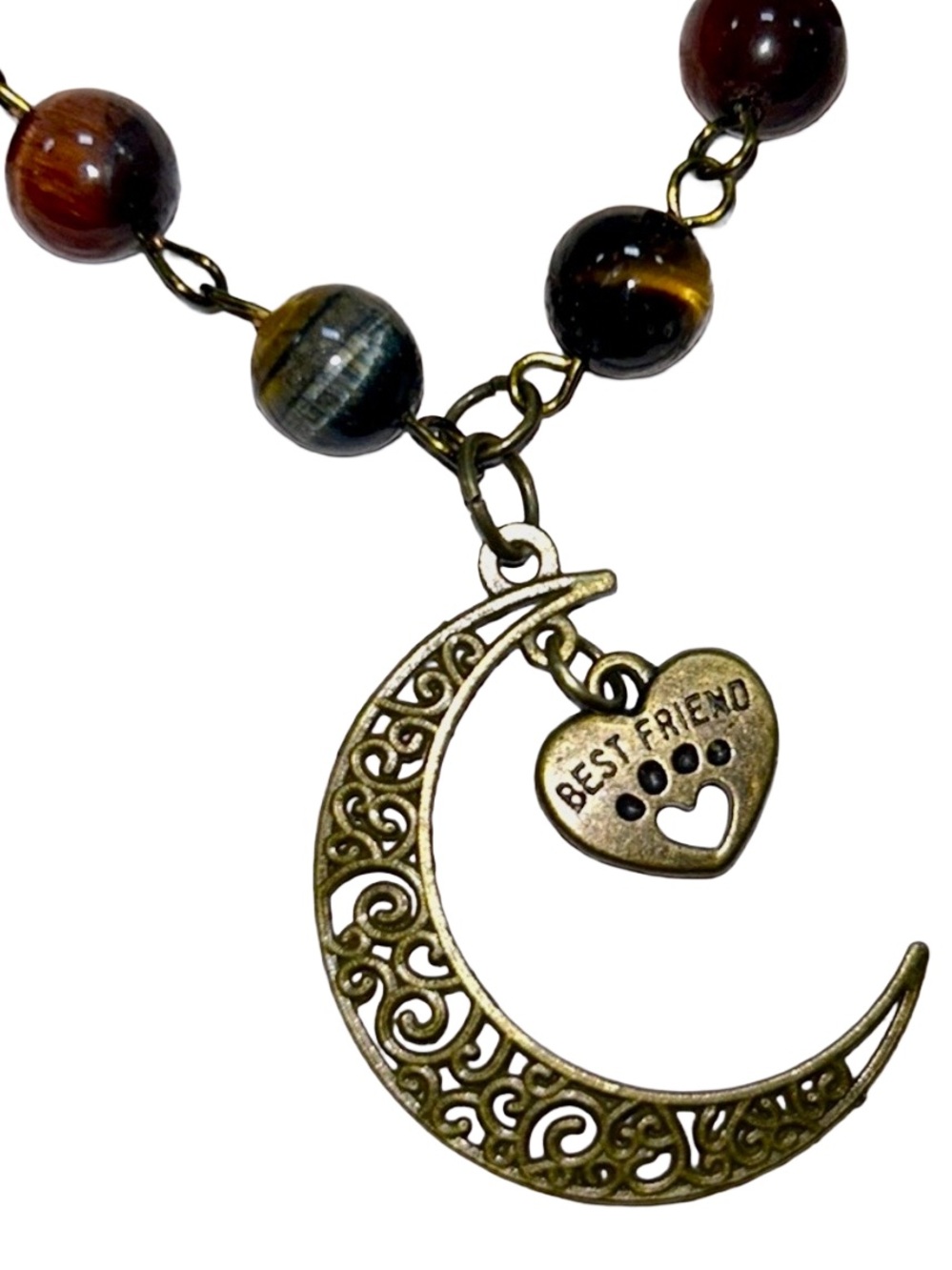Handmade Crescent Moon & Paw Print Heart Necklace with Natural Tiger Eye Stones